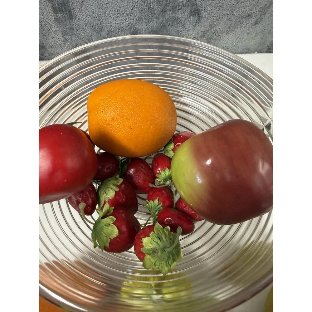 Vtg Anchor Hocking Manhattan Clear Glass Pedestal Fruit Bowl & Faux Fruit Set